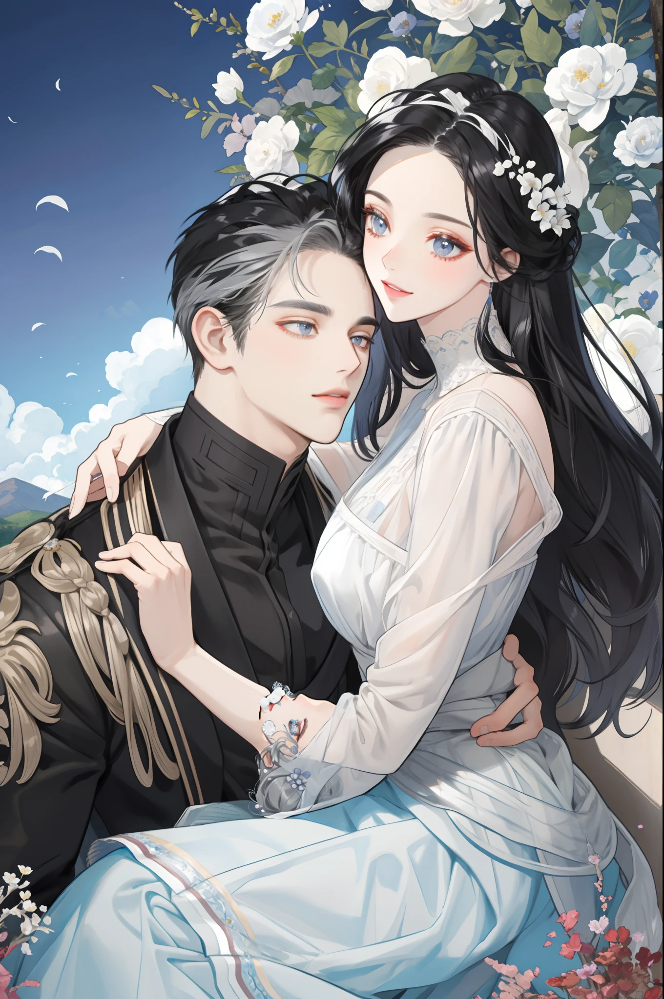 masterpiece, best quality, 2 others, couple, hetero, 1 man with 1 woman, silver and black hair, height difference, different colors, happy, love, landscape full of flowers, forehead, light blue and gray eyes,