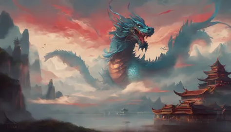 China-style，Chinese mythology，chinesedragon，tosen，Ferocious，gargantuan，The eyes glow red，Glow effects，surrounded by cloud，Thick clouds，buliding，中景 the scene is，Full body like， highly detailed surreal vfx，oc rendered，