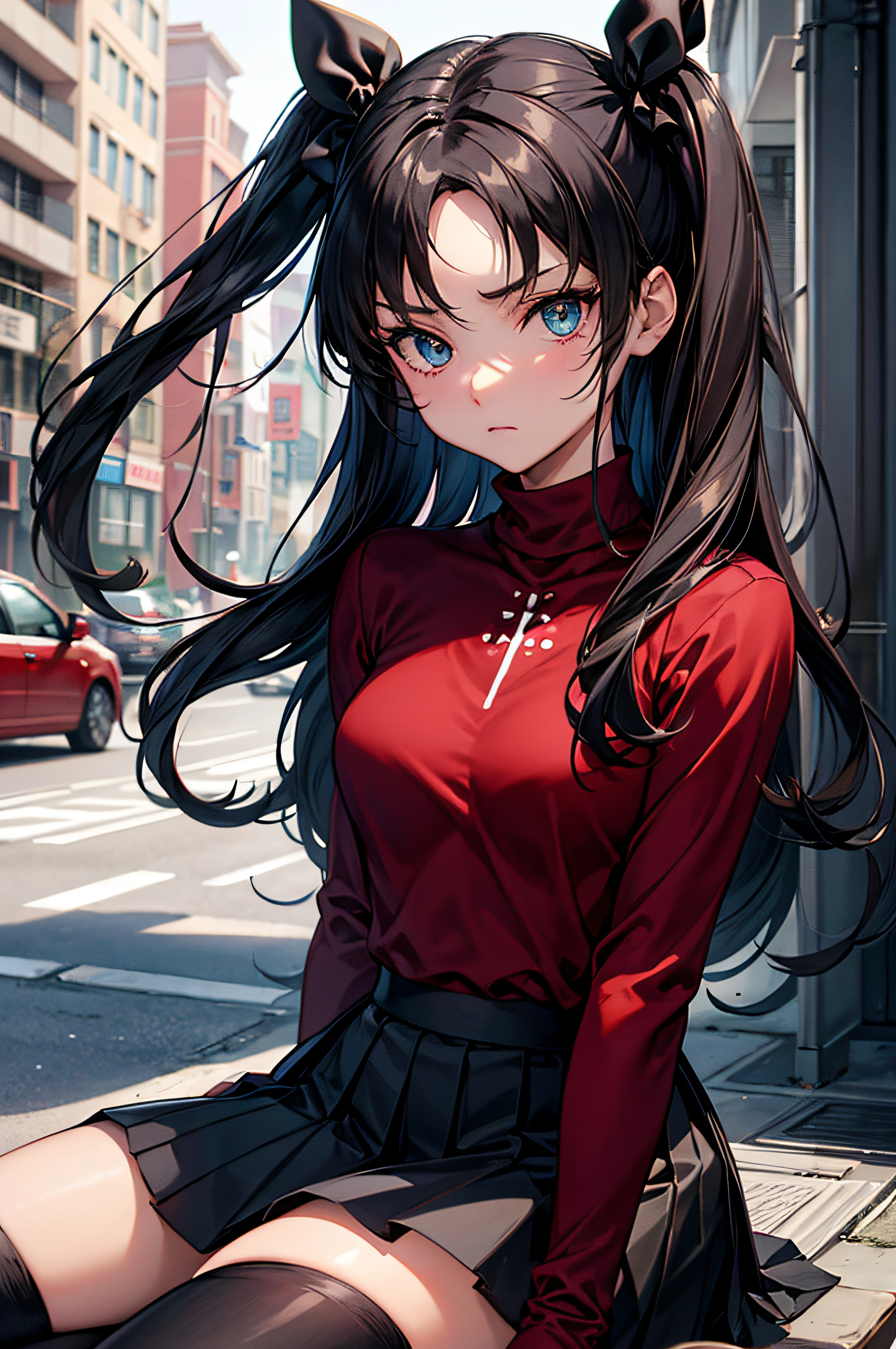 (chef-d&#39;œuvre), meilleure qualité, yeux expressifs, visage parfait, 1fille, seulement, Rintohsaka, Rin Tohsaka, yeux aqua, cheveux noirs, hair ruban, cheveux longs, ruban, serrures latérales, deux côtés vers le haut, black jupe, black hauts de cuisse, manches longues, minijupe, pleated jupe, ((red pull-over)), jupe, pull-over, hauts de cuisse, col roulé, Contexte de la ville, séance, Feuille de personnage, haut du corps, portrait, regarder le spectateur