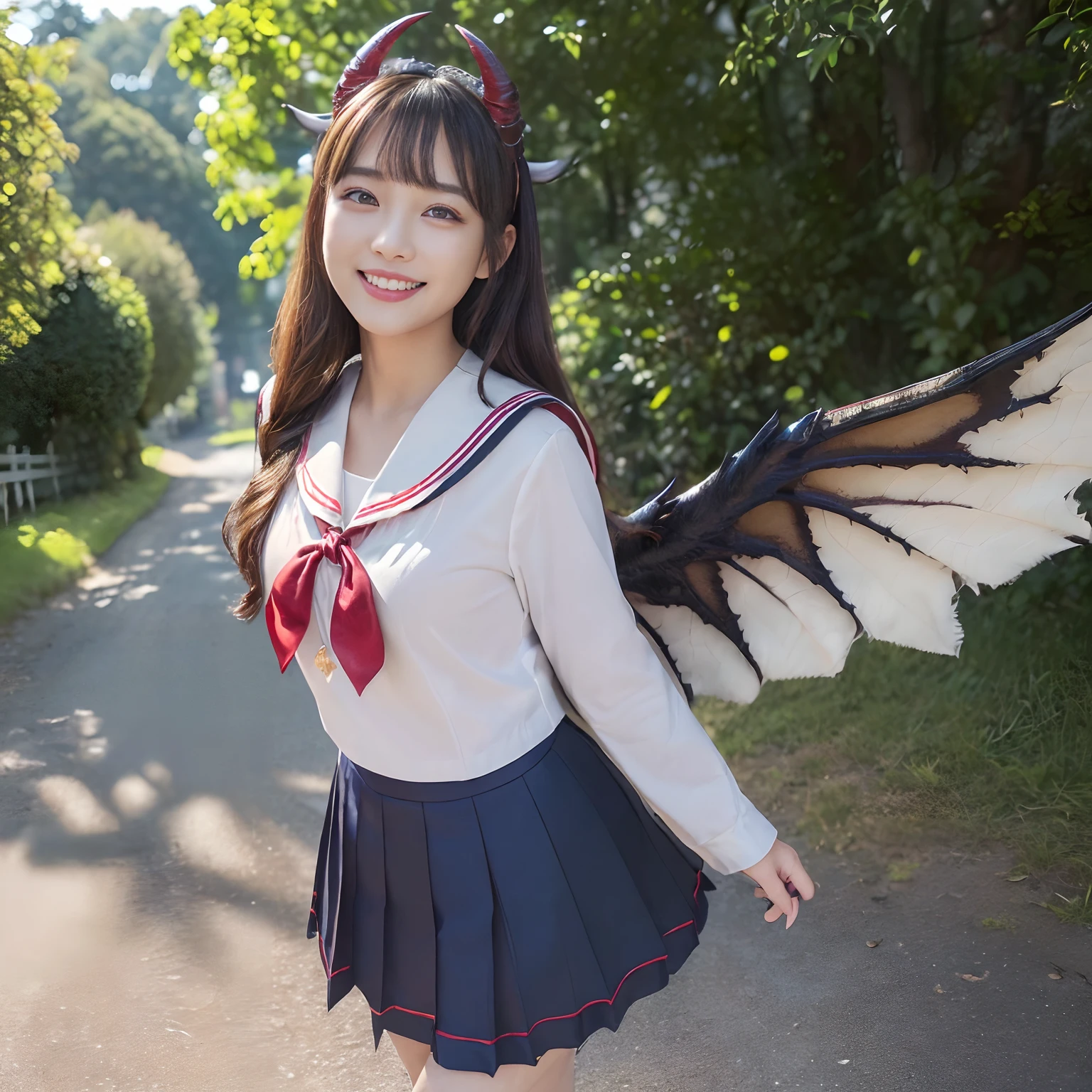 (((masutepiece、top-quality、Depiction of the most intricate and detailed details)))、((1 schoolgirl、Wearing a sailor suit、School Sailor Uniform、Perfect sailor suit、Red ribbons、Navy skirt))、((Huge and intricate demon wings,Wings with a very elaborate texture,Wings with a very complex texture,Creature wings with a very realistic texture,Wings of a terrifying monster,Big Devil's Horn,Realistic and big horns,Creepy horns,Horn with a very elaborate texture、、((The background is the route to school、Walking along the school route surrounded by greenery、Walking on the way to school))、8K,An ultra-high picture quality,The most beautiful idol faces,Mature Face、The biggest smile staring at the camera、美丽的面容、Beautiful white teeth、natural make up、Natural bright lighting