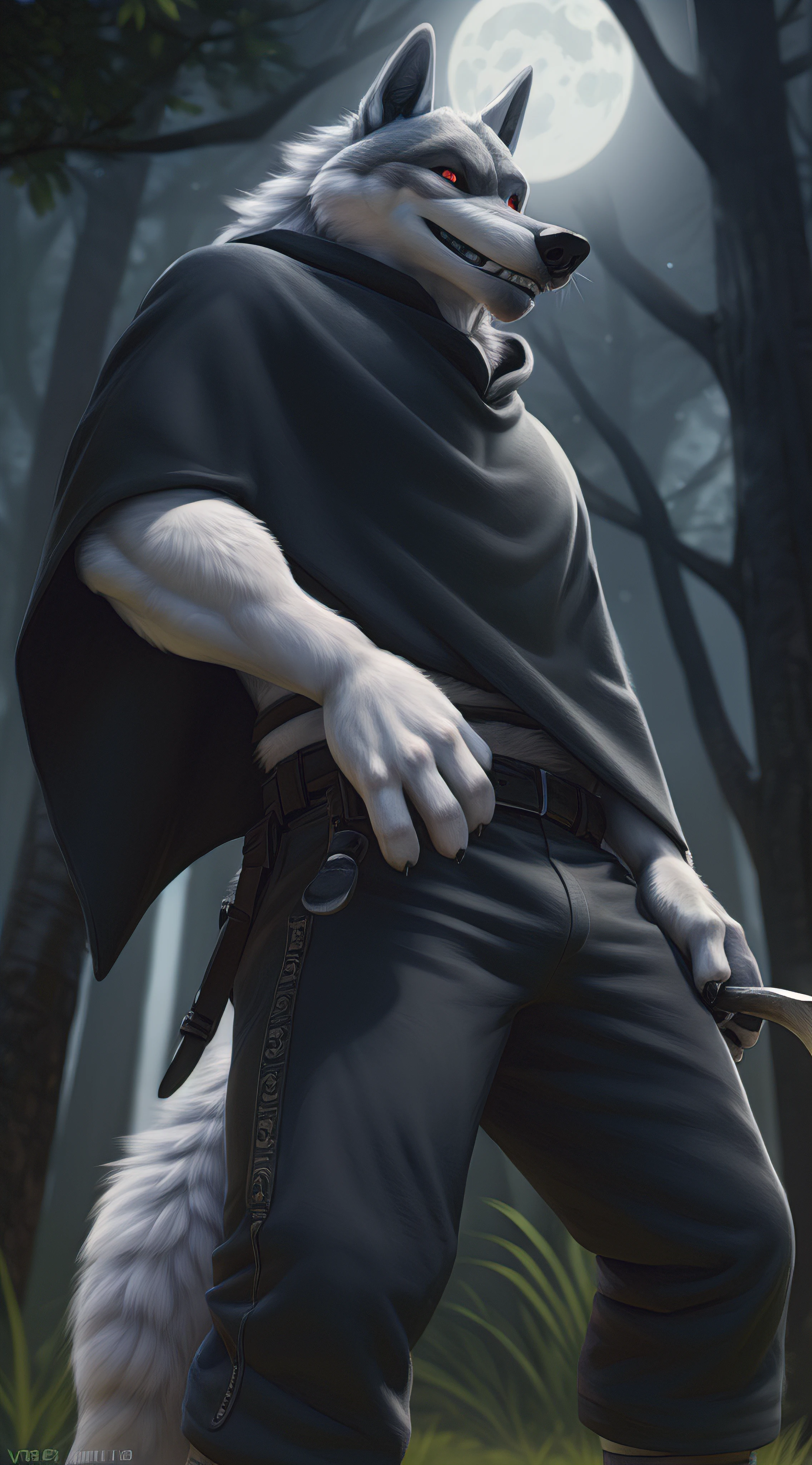 death (puss in boots), male, muscular, wolf, canid, fluffy, standing, night, forest, claws, paws, low angle view, long hair, black sclera, red eyes, tail, front view, action pose, (black poncho:1.2), clothed, bottomwear, pants, belt, white body, black fur, black fur, grey fur, forest, moonlight night,
BREAK,
by virtyalfobo, by anchee, by snowskau, by foxovh, by sabretoothed ermine, (intricate, high detail, film photography, soft focus, RAW candid cinema,
photorealism, realistic, photorealistic, analog style, subsurface scattering,
masterpiece, best quality, ultra realistic, 8k)