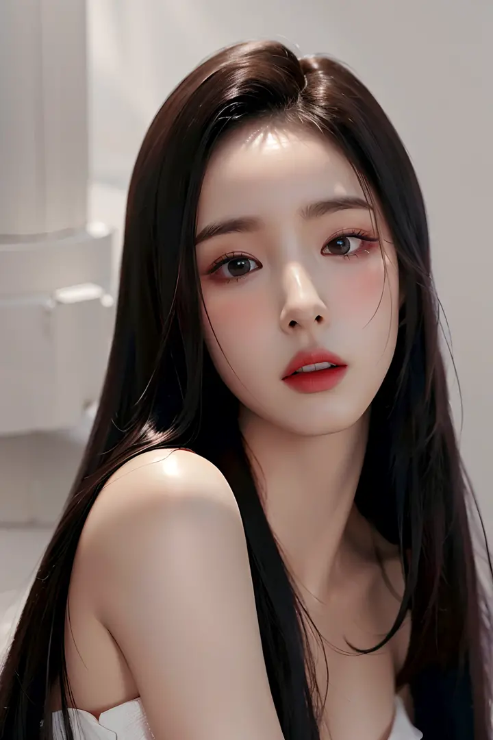 Best quality, masterpiece, ultra high res, (photorealistic:1.4), raw photo, 1girl, long straight black hair, makeup, parted lips,looking at viewer