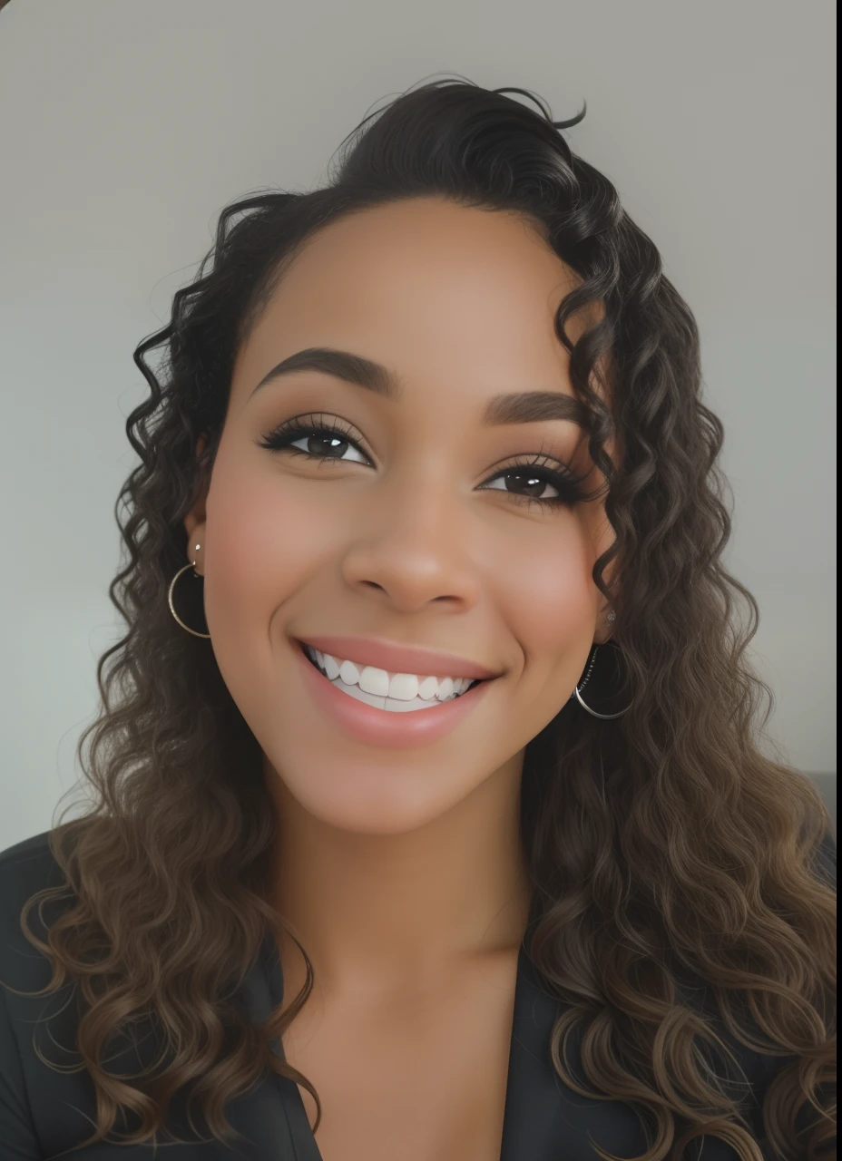 A close up of a woman with long curly hair smiling - SeaArt AI