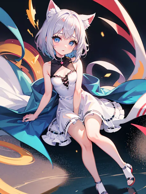 best quality, ultra precision, one girl, cute, little girl, young, boyish, childish, small breasts, silver hair, blue eyes, beautiful eyes, teen girl, she loves you, blush, beautiful skin, (princess), (white dress), cat ear,