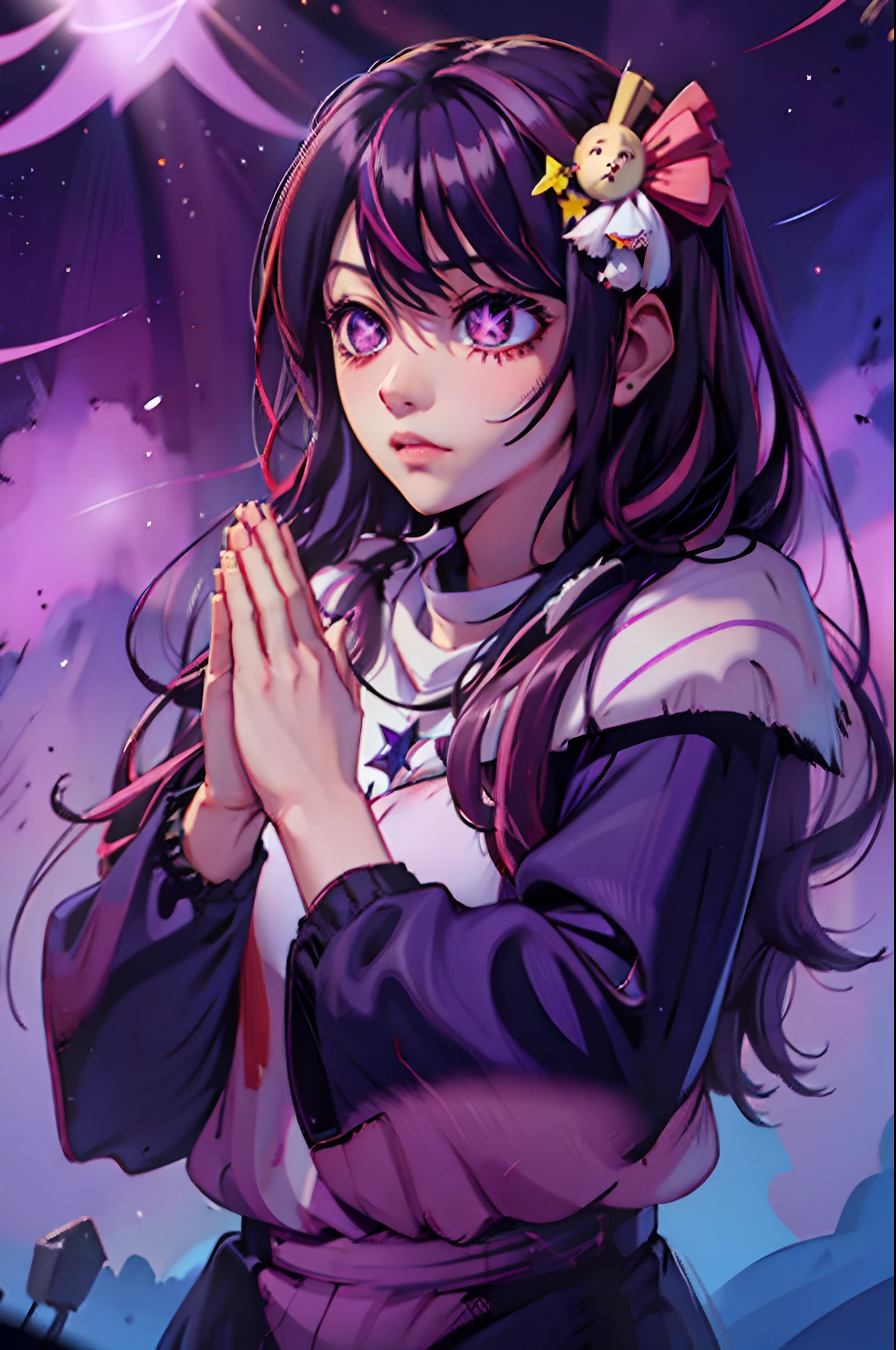 Hoshino Ai, long hair, purple hair, streaked hair ,purple eyes, star-shaped pupils, hair ornament, praying, own hands together