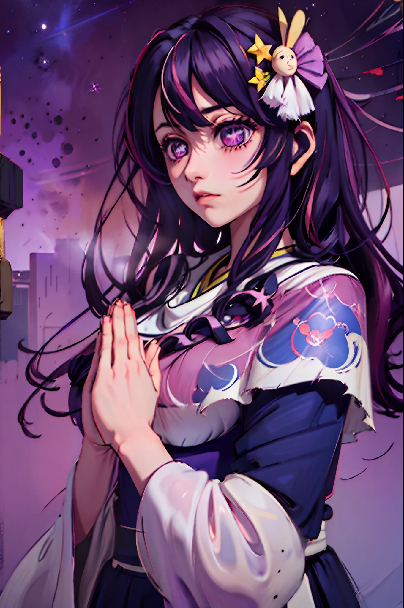 Hoshino Ai, long hair, purple hair, streaked hair ,purple eyes, star-shaped pupils, hair ornament, praying, own hands together