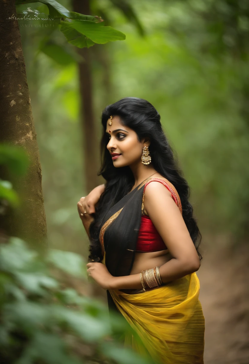 A woman in a sari posing for a photo in the woods - SeaArt AI