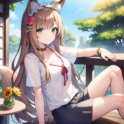 (masterpiece, best quality, high resolution), 1girll, solo, oversized fox tail，long brown hair，green eyes，small flower headdress...