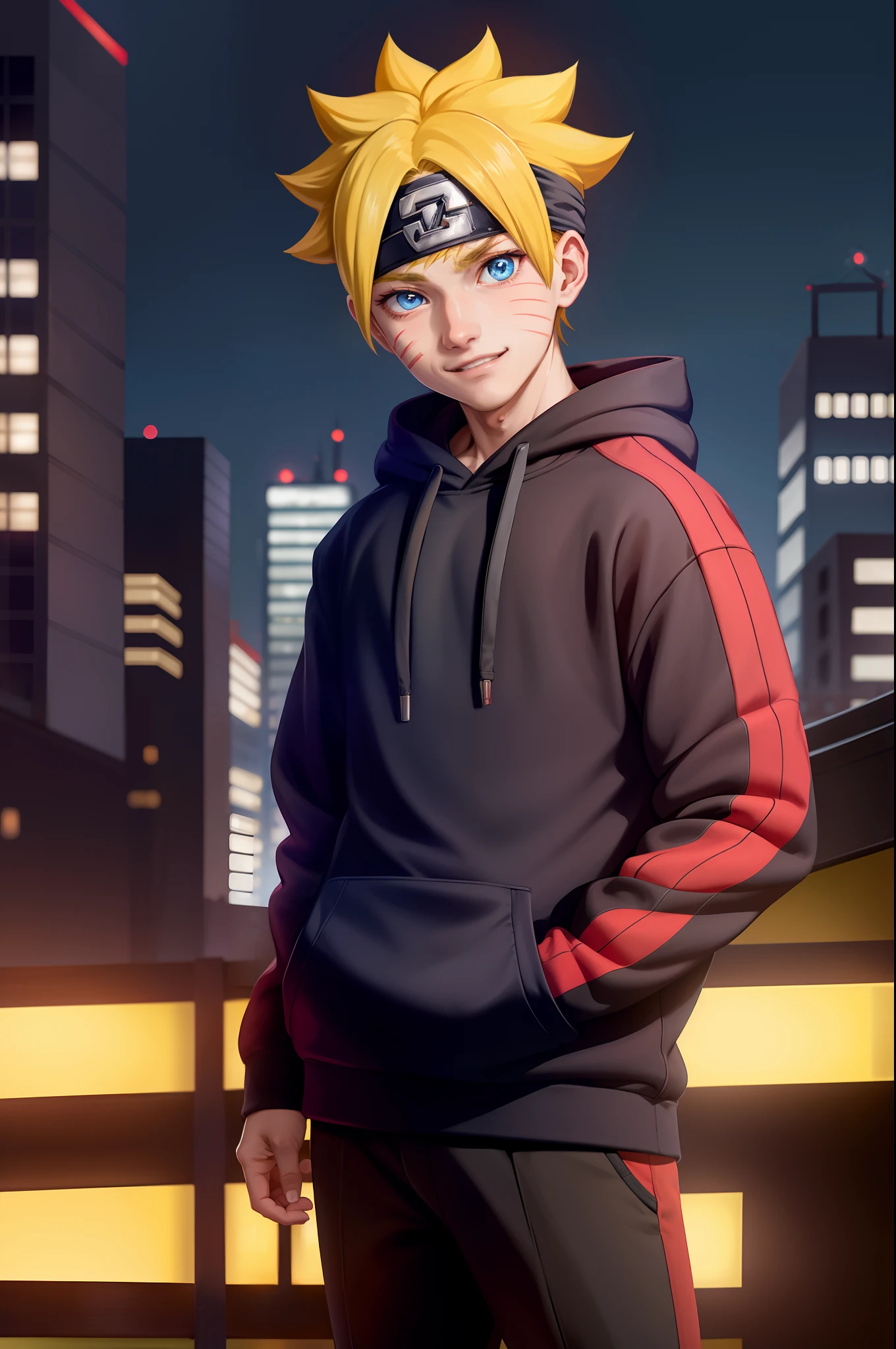 masterpiece, ultra-detailed, 1boy, male focus, upper body shot, Uzumaki Boruto wearing maroon Streetwear Hoodie, yellow hair, Blue eyes, look at viewer, happy face, vibrant colors, cityscape background, dinamic lighting, highly detailed face, stylish, urban style, cool attitude, bokeh, blurry background,