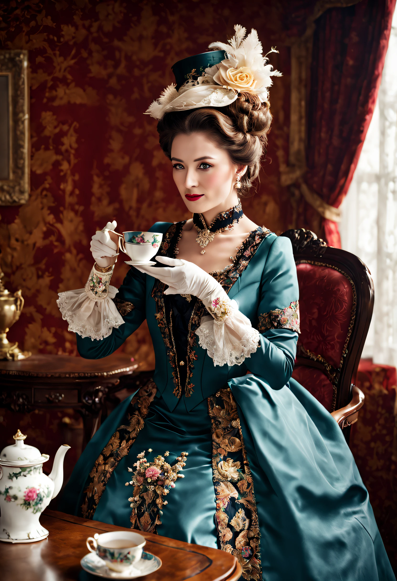 A very elegantly dressed lady drinking a very hot and steaming cup of tea.
professional portrait, [detailed], [vivid colors], [realistic], [studio lighting], intricate details, elegant and proper posture, Victorian era clothing, delicate tea set, elegant setting, sophisticated facial expression, refinement from the back of the stage