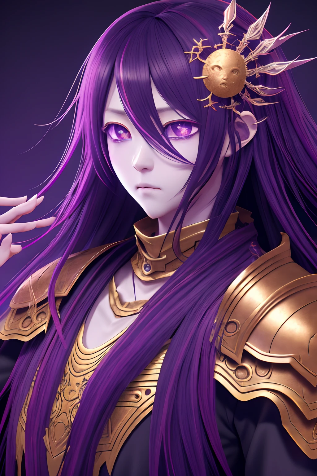 elden ring style Hoshino Ai, long hair, purple hair, streaked hair ,purple eyes, star-shaped pupils, hair ornament