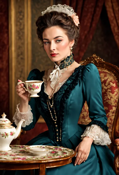 A very elegantly dressed lady drinking a very hot and steaming cup of tea. professional portrait, [detailed], [vivid colors], [r...