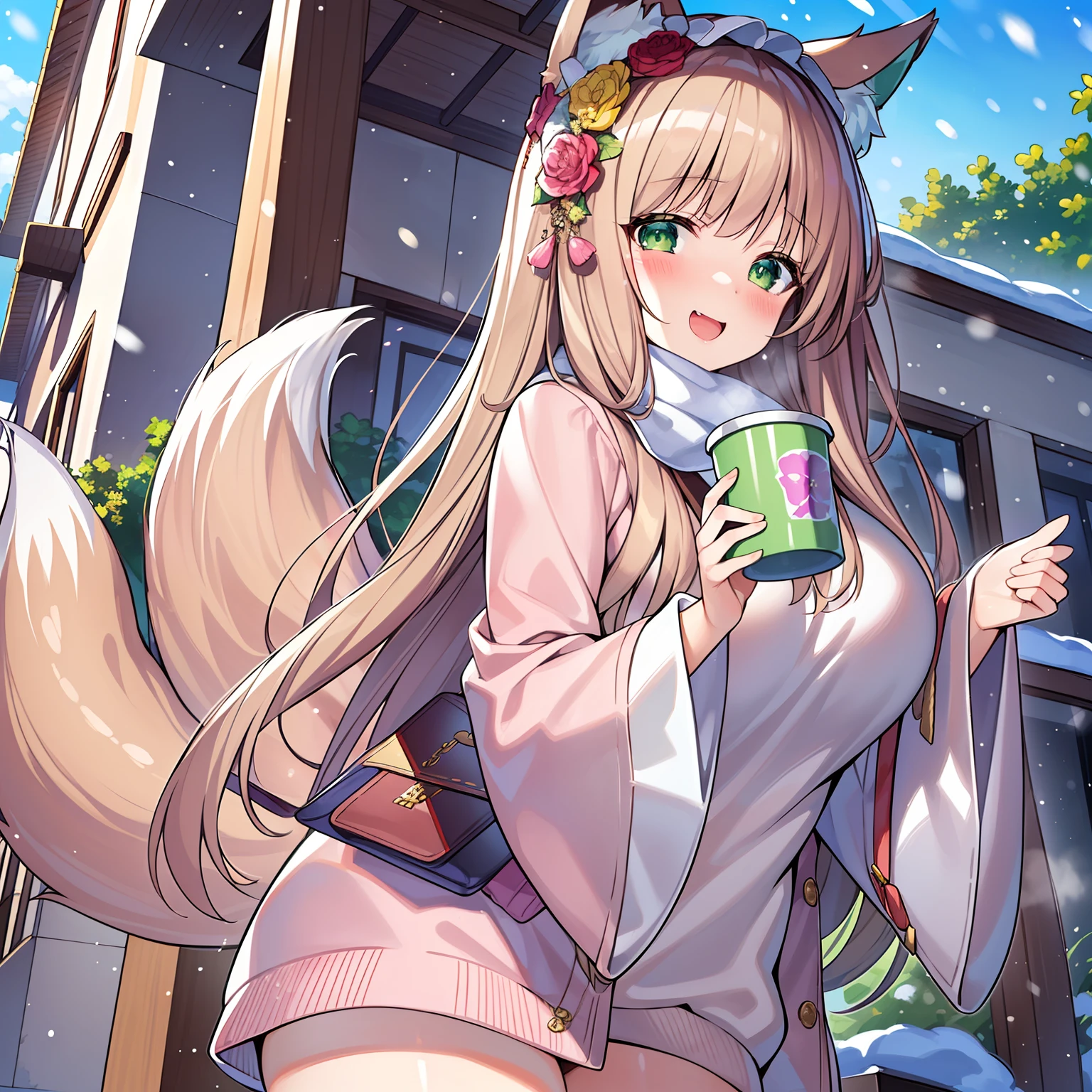 (tmasterpiece，Highest high resolution，8k wallpaper，Highest drawing quality)，1girll，Solo，(Huge fox tail)，Brown hair long，Green eyes，Small flower headdress，(21-year-old college student_C cup)，Modern architecture, (Blushing:1.3),A MILF, ssmile，Winter clothing,