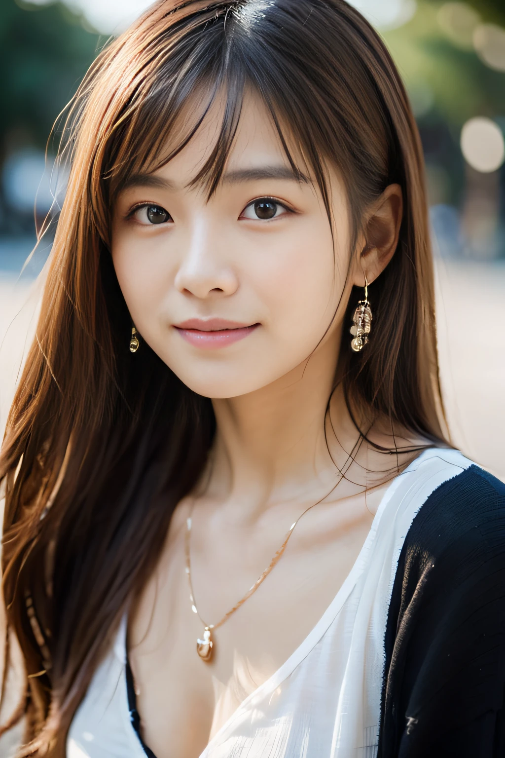 (Best Quality:1.4), (8K), 32K, (UHD), (Masterpiece:1.3), Photo of Japanese pretty woman, (Photorealistic), (Raw Photography), (1girl), (Ultra High Details), (Detailed face), perfect face, (Detailed hair), Beautiful hair, bangs, Layer Cut, (symmetrical eyes:1.3), (Detailed eyes), (Detailed skin), Realistic skin, Ultra high definition, (medium breasts), firm breast, (slim figure), (super model figure), gentle smile, Japanese cute young girl, 

(Wearing a high fashion Beautiful shirt with intricate weave), necklaces, earrings, bracelets, 
Portrait, cowboy_shot:1.3, narrow face:1.3, [(white simple background):25]