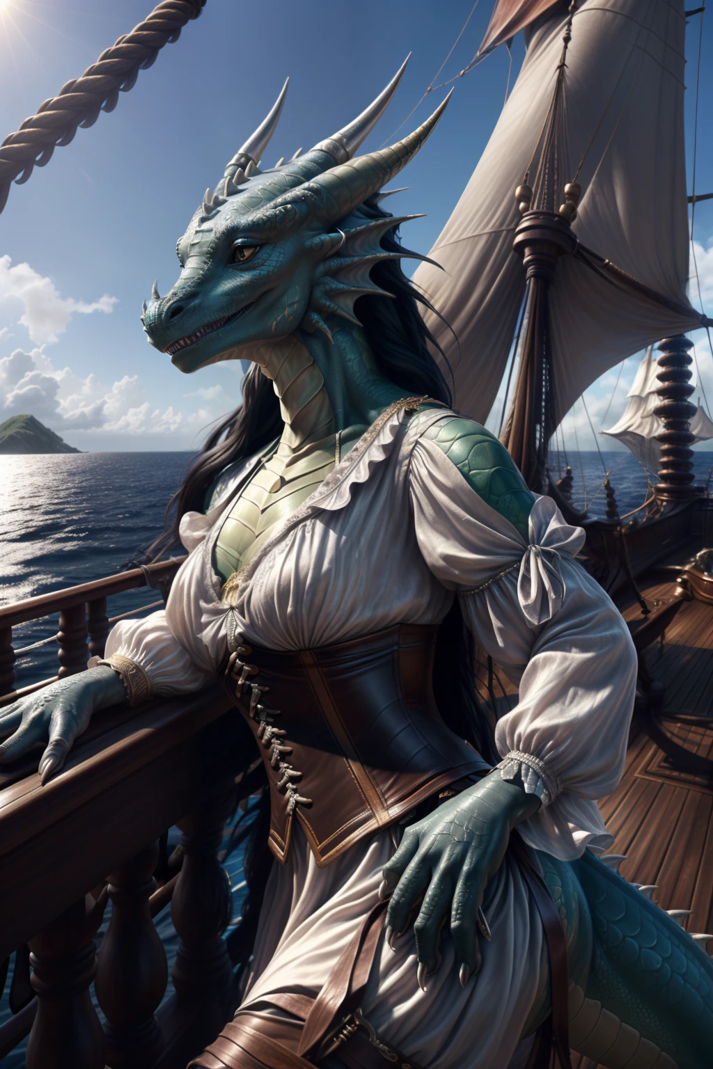 ((dragon, woman's, Silvery skin color, Ultra-detailed scaly))raw photography, Best Quality, Masterpiece, extreamly delicate and beautiful, Extremely detailed, unity, 8k wallpaper, Stunning detail, Finely detailed, Masterpiece, Best Quality, official arts, Extremely detailed graphics unity 8K wallpaper, Ultra-detailed, hight resolution, Extremely detailed, Clear, Focused, (Best Quality), (Realistic, photo-realistic:1.6), 8K, soft-lighting, hiquality, Cinematic lighting, 1girl, centered, full - body, Red scalies, (the sweat:1), Perfect fingers, Long black hair. 
((personage)) a pirate, ((pirate clothes, pirate leather corset, white blouse)), ((Pirate Ship, open sea, Deck of the Ship)), general view