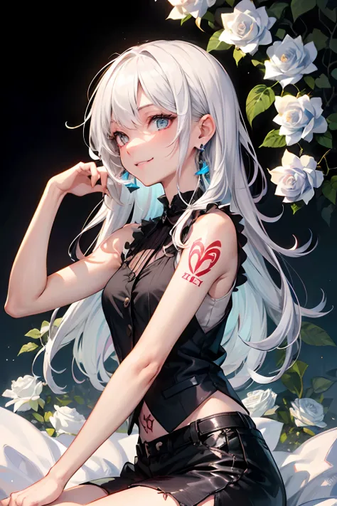 1girl, white hair, messy hair, long hair, black short vest, black ripped shorty, strings, earrings, shaman, almond eyes, demon s...