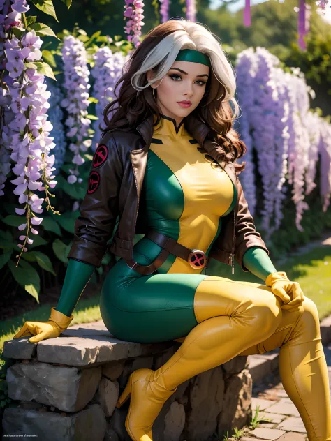 (masterpiece:1.0), (best_quality:1.2), Classic Rogue, 1991 Rogue X-Men, 1 girl, Only, full body view, sitting, legs crossed, facing the viewer, medium length hair, brown hair, wavy hair, messy hair, one lock of white hair, green headband, green eyes, misch...