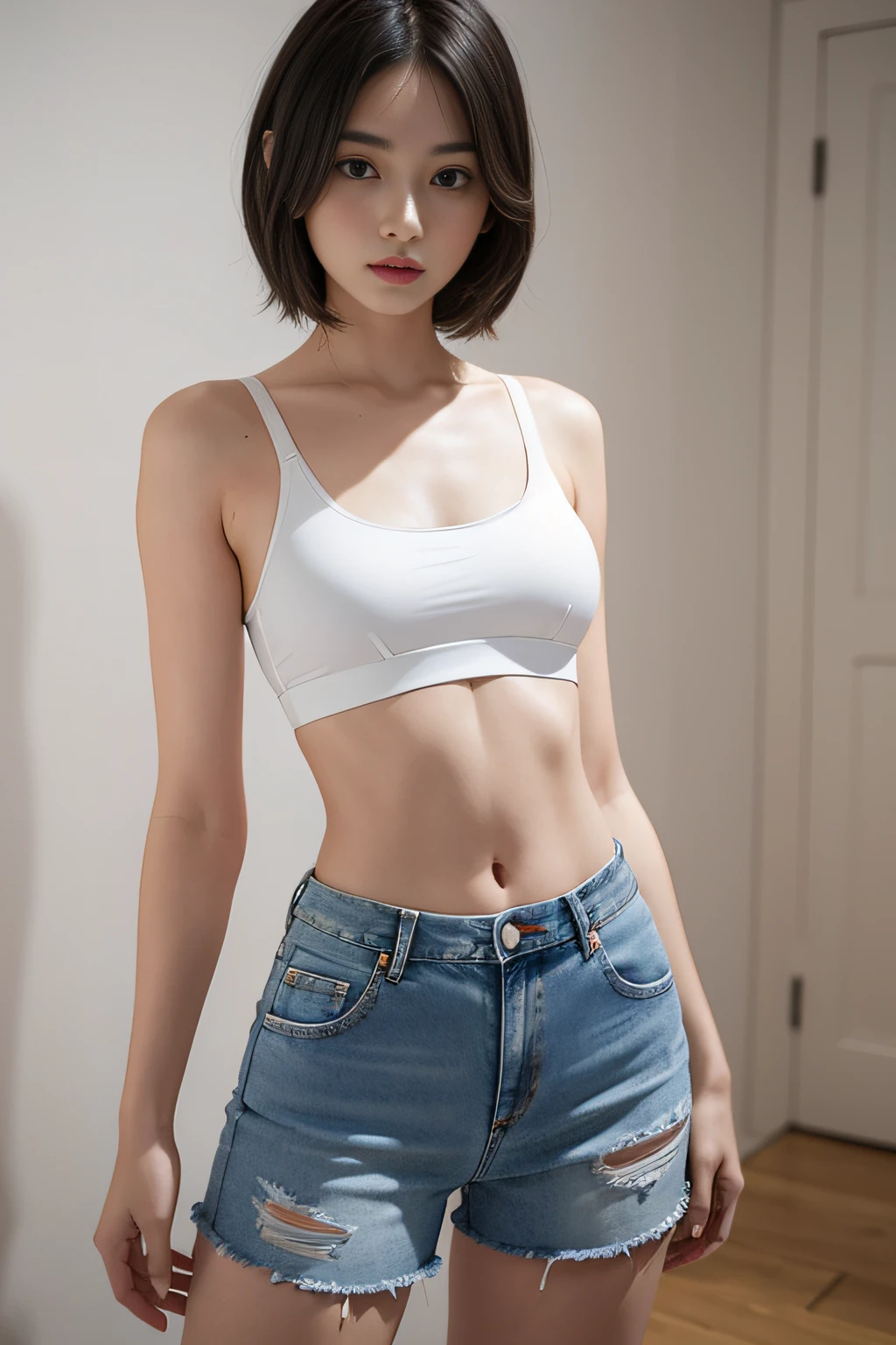 Girl in white bra and tight denim skirt posing for photo, full body, cropped t-shirt, bra, slim body, small bust, slim girl model, 24 year old female model