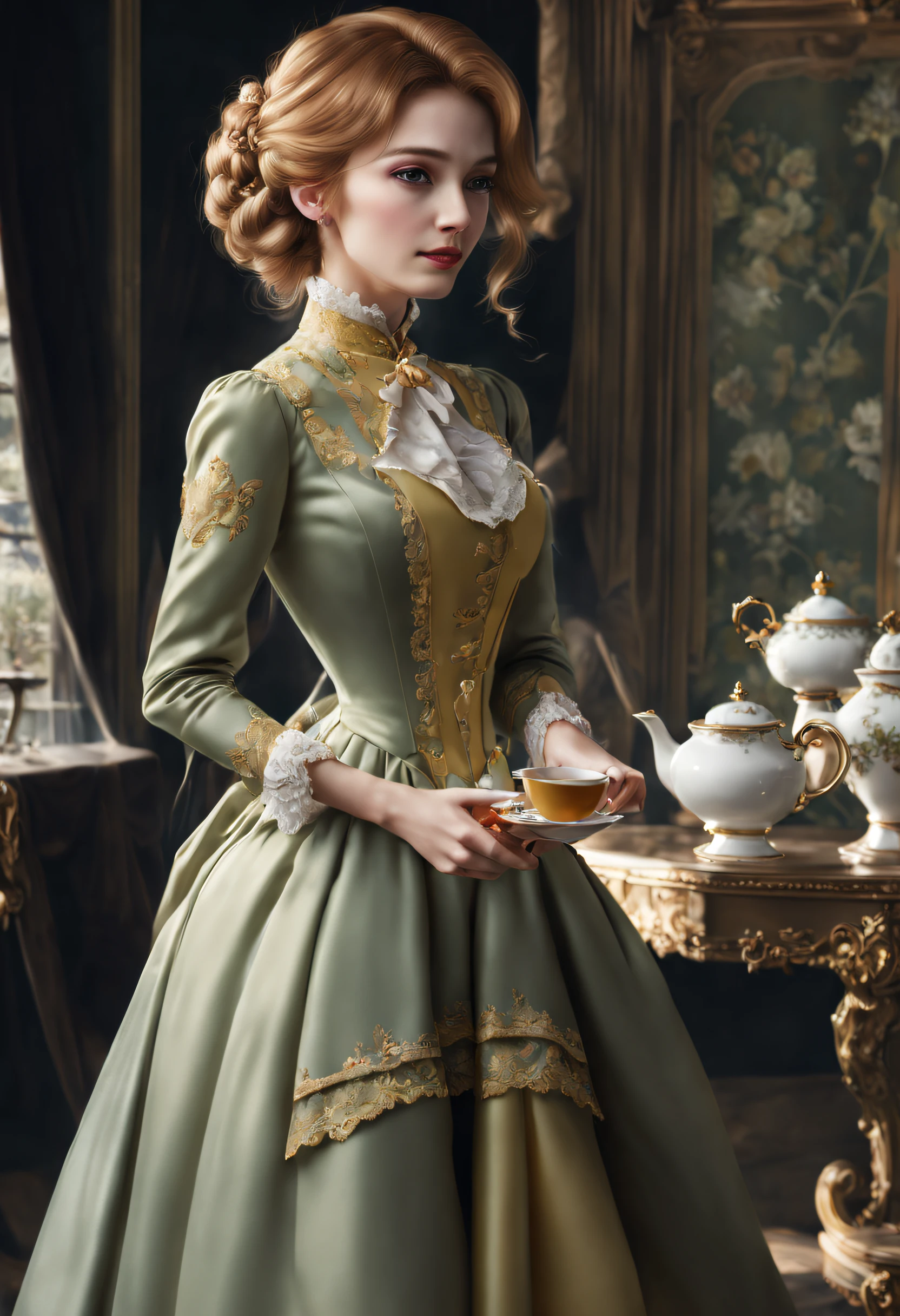 (best quality, 4k, 8k, high resolution, masterpiece: 1.2), ultra detailed, (realistic, photorealistic, photorealistic: 1.37),A very elegantly dressed lady (drinking a steaming cup of tea:1.34). professional portrait, [detailed], [vivid colors], [realistic], [studio lighting], intricate details, elegant and proper posture, Victorian era clothing, delicate tea set, elegant setting, sophisticated facial expression, refinement from the back of the stage