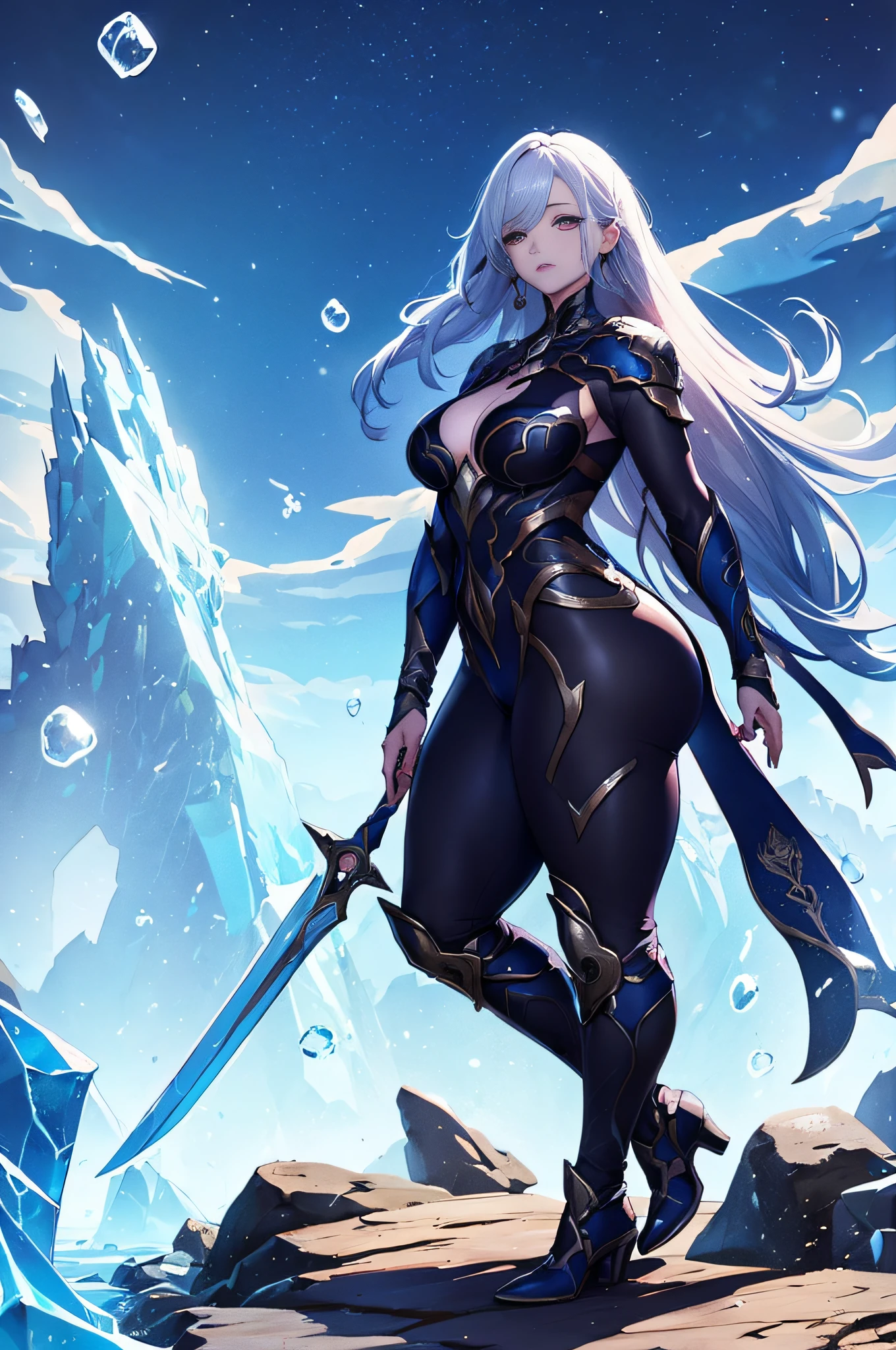 long whitr hair,blue colors,big chest,a beauty girl,pupils,Seductive laughter, standing solo, alone,hand on leg,eventide, big ass, thick thighs, white armor, wearing detailed combat body suit, blue armor, ice sword, strong legs, voluptuous legs, has sword in hand,small waist, highly voluptuous thighs, bubble ass type, fiery cape, ice floating blades,
