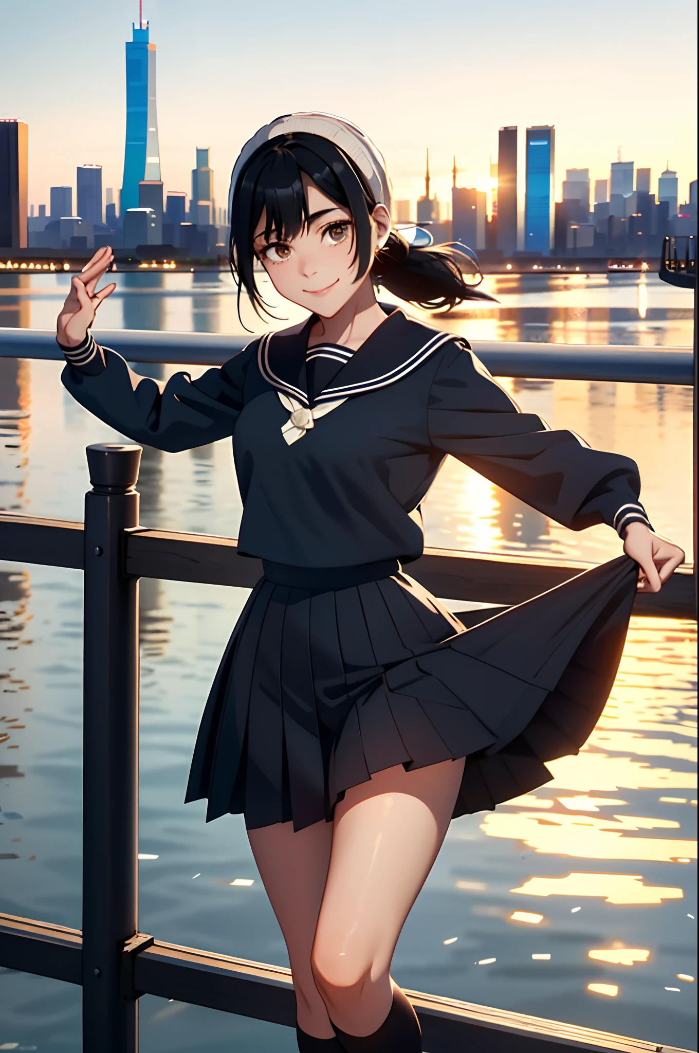 (top-quality、in 8K、32K、​masterpiece、nffsw、ighly detailed:1.2)、cowboy  shot, (Vibrant city skyline reflected on the tranquil waterfront:1.4)、beautiful shadow、beauitful face、blurry backround、16-year-old beautiful girl、shinny skin, Beautiful black hair、Blunt bangs、 side poneyTail、Brown eyes、a sailor suit、pleatedskirt、Black socks、Black shoes、A smile、Raising arms、Dynamic Pose,