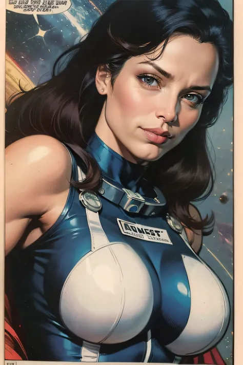 (masterpiece), best quality, bersek, french face, (upper body), courageous woman with shoulder length hair, intricate spacesuit, (perky breasts), (dutch angle), warm palette, (👩‍🚀), space station,comics