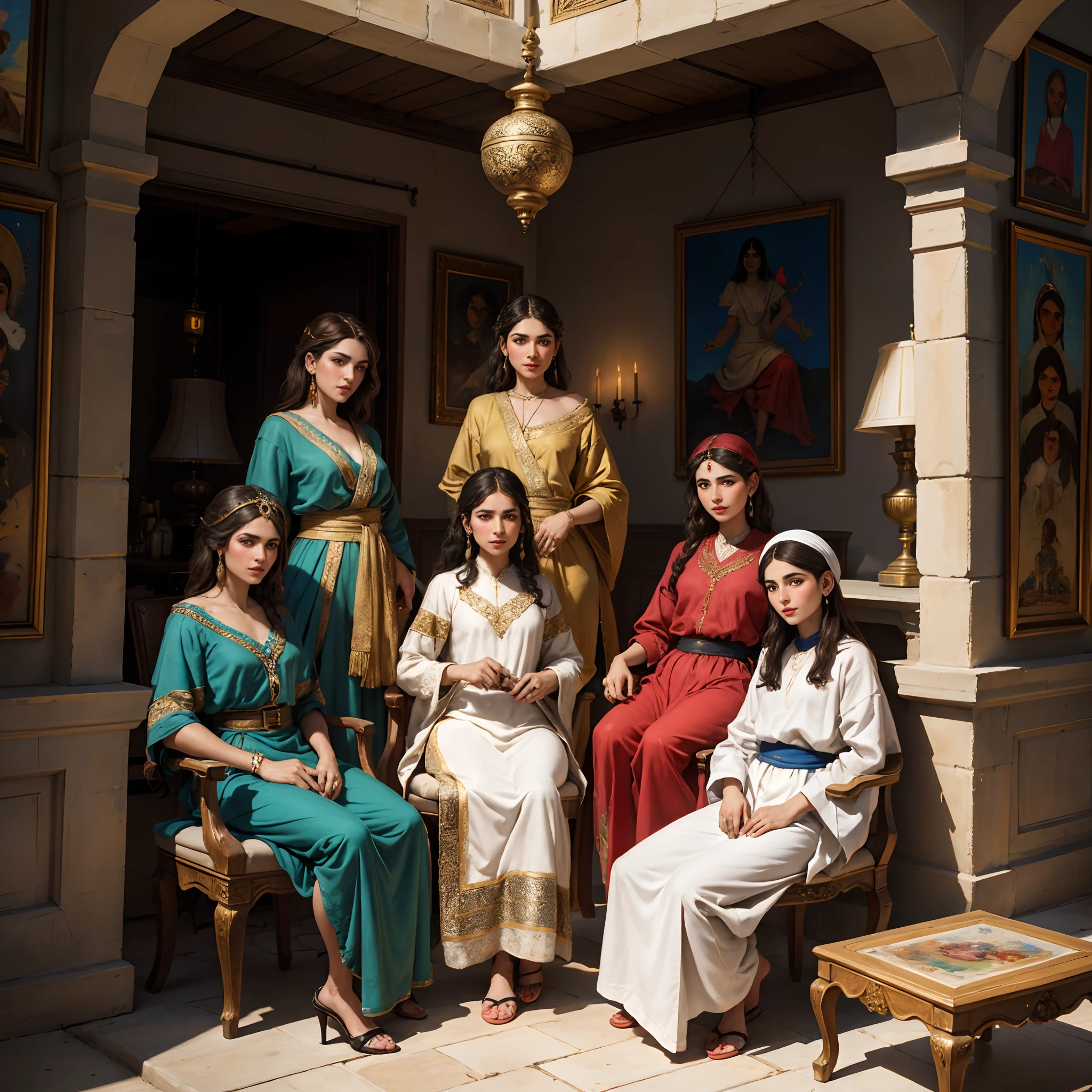 一群婦女坐在有噴泉的房間裡的畫作, 東方主義繪畫, 東方主義繪畫, 作者：阿卜杜拉‧格爾古里, 藝術卡扎爾, 波斯民間故事的藝術風格, 靈感來自奧斯曼·哈姆迪·貝, 作者：索拉博·塞佩里, 古畫風格, 撒馬爾罕的繪畫, 阿拉伯藝術