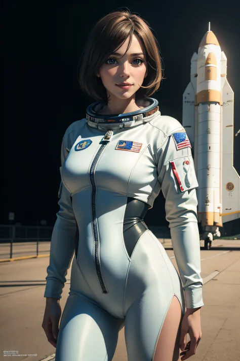 there is a woman 30yo wears intricate astronaut suit, a hyperrealistic astronaut, hyperrealistic astronaut, shuttle launch pad i...