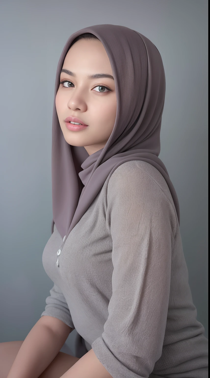 (very cute girl) , like mira filzah face, (raw photo:1.2), (()), (photorealistic:1.4), russia mix korea hyper white skin, realistic skin texture, pale skin, very detailed eyes and face, beautiful detailed eyes, turkish nose, super detailed, high resolution, very detailed, masterpiece,unified, 48k wallpaper, amazing, Fine details, masterpiece, best quality, ((Tight F cup breasts size)), straight long hair, (extra long hair : 1.5), dark brown hair, elegant hair style, light on face, cinematic lighting, 1girl, perfect body, slim abs, skinny, ((1 malay girl , beautiful face)), hyper realistic bright lighting, realistic shadow, ((wearing a twisted pajamas, purple color pajamas)), ((perfectly composition)), dynamic poses, dynamic shot angle, (All grey background)