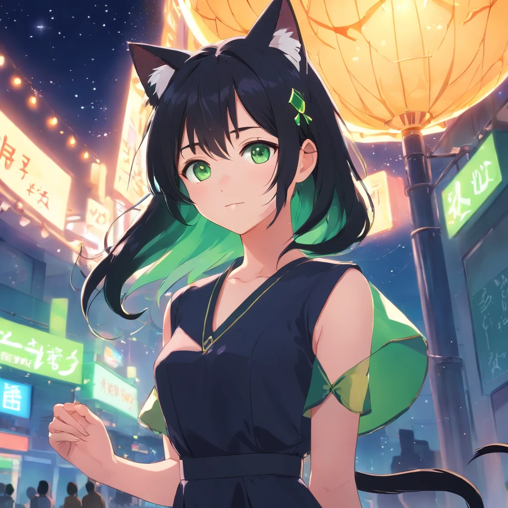 Anime girl with green eyes and black hair in a city - SeaArt AI