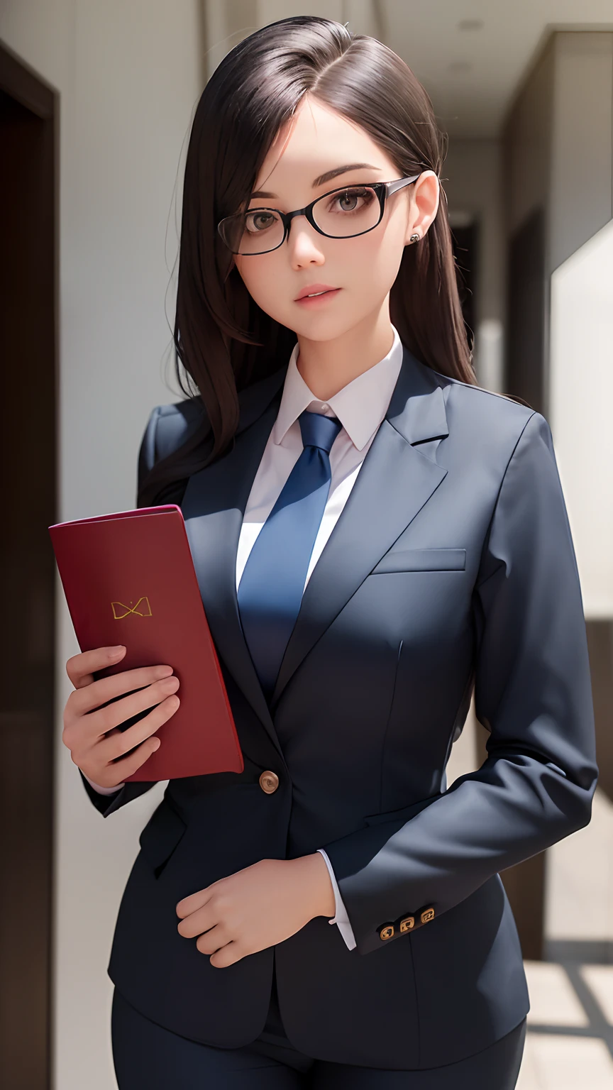 there is a woman in a business suit holding a folder, wearing headmistress uniform, girl in suit, girl in a suit, wearing a strict business suit, professional cosplay, wearing business suit, in strict suit, female lawyer, realistic cosplay, dressed as schoolgirl, lawyer, publicity cosplay, fanart, a hyperrealistic schoolgirl, holding a book, wearing school uniform