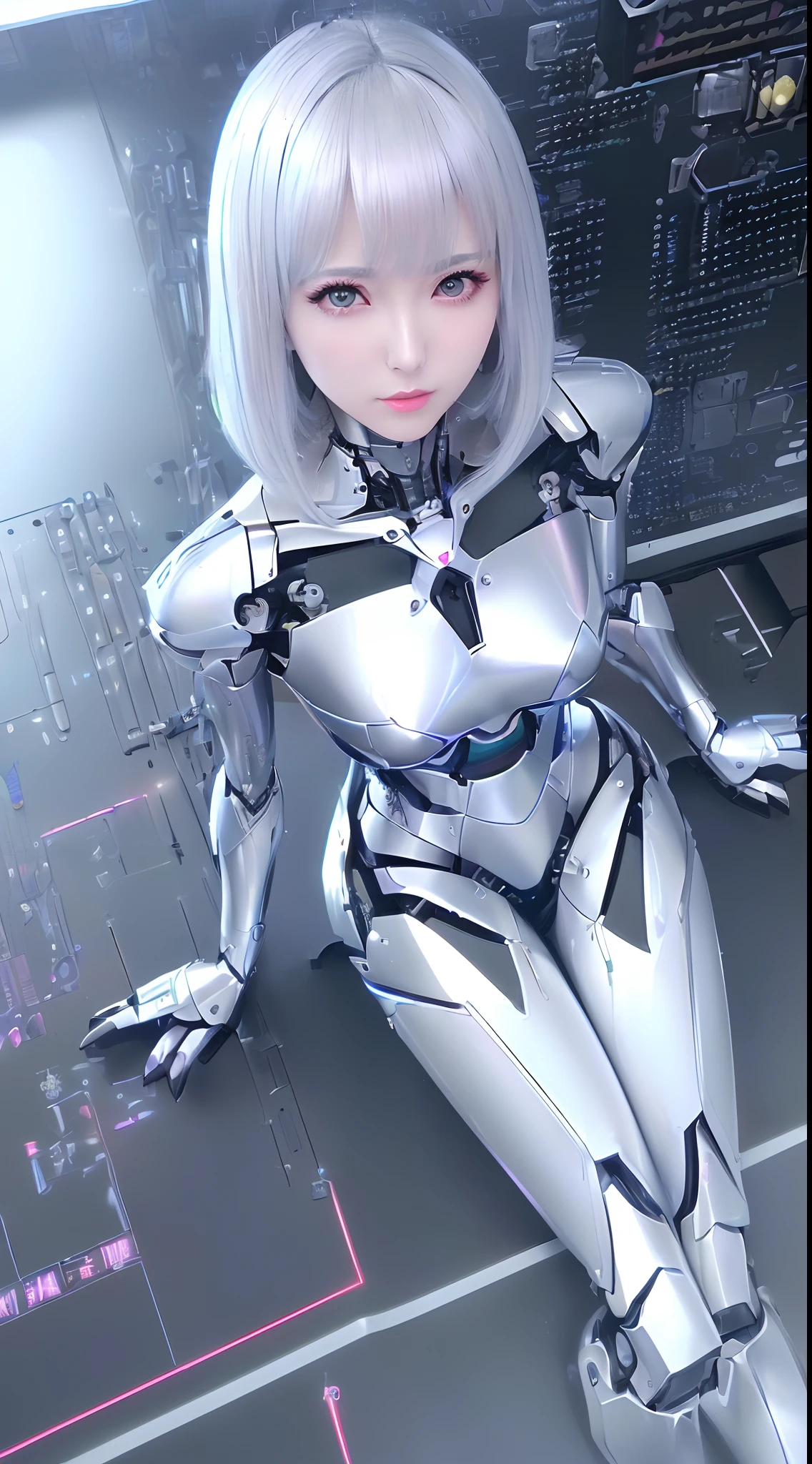 ((dessus de la table)), ((qualité supérieure), haute qualité、Ultra-définition, ((réaliste、photoréaliste)),  ((visage bien proportionné))、multicolore 、(fiction scientifique)、((solo))、beau robot féminin、(Robot de combat défectueux)、(révision)、(articulations de robots:1.3)、(Carte électronique détaillée:1.3)、(Châssis de machine:1.3)、Armure mécanique en porcelaine blanche、((Visage ovale tout en courbes))、(composants de machines:1.3)、(Des yeux en amande sans émotion)、Bouche fine、figé、(Mécanique parfaite à deux mains:1.3)、((Cyber Factory pendant la journée))、jambes de robot parfaites、cordons d&#39;alimentation multiples à talons hauts)、allongé sur le sol、Étranger、(((D&#39;en haut、Mort du robot)))
