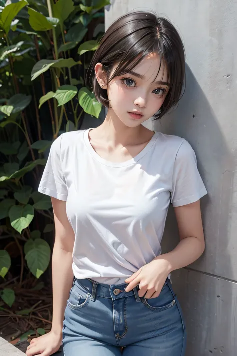 Cute little girl s , Short Cut , Blue skinny jeans , white t-shirt , Eye makeup , Asian , nsfw