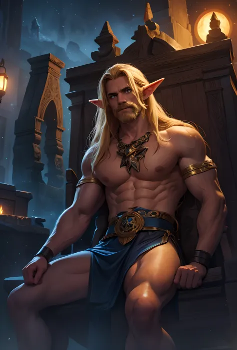 40 year handsome old elf, pale skin, blonde hair, abino skin, long straight hair, wearing elfin , sitting , mustache, piercing b...