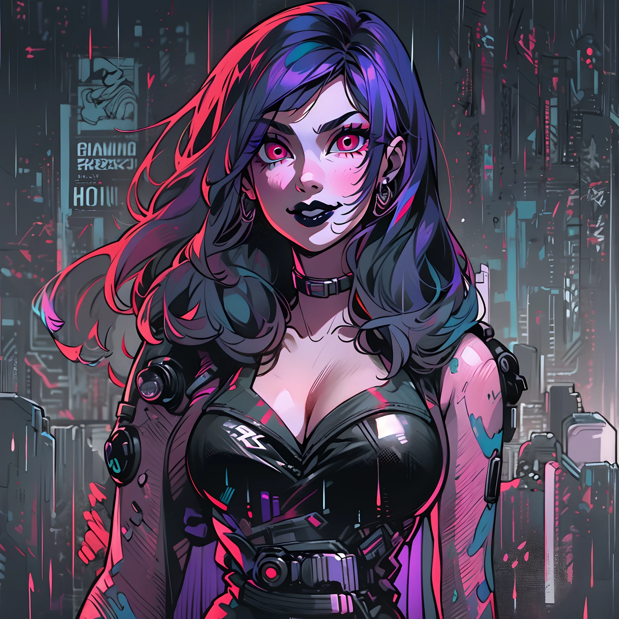 ((solo)). modern pop art style, female character around 30 years old. mature body with large breasts and cleavage. wearing black clothing, a cyberpunk style outfit. she has a cheeky smile. red eyes. long purple hair with straight bangs. She wears eyeliner and black lipstick on her lips. she looks a model on a magazine cover. a combined neon and greyscale color style. the background has rain