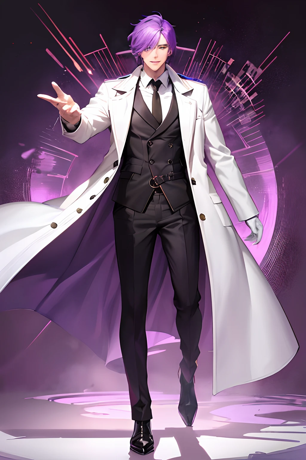 Tall man, flowing purple hair, beautiful purple sparkly eyes, standing in a cloudy world, arms outstretched, blissful, bloodshot eyes, wearing a long white duster coat, white dress shirt, purple flower on coat, white pants, white gloves, golden watch, golden rings, golden necklace, white boots, ecstatic, handsome, divine, wispy, muscular male, buff, intimidating, mighty, detailed, masterpiece, perfect, fur coat, puffy trenchcoat, chiseled face, handsome, smiling