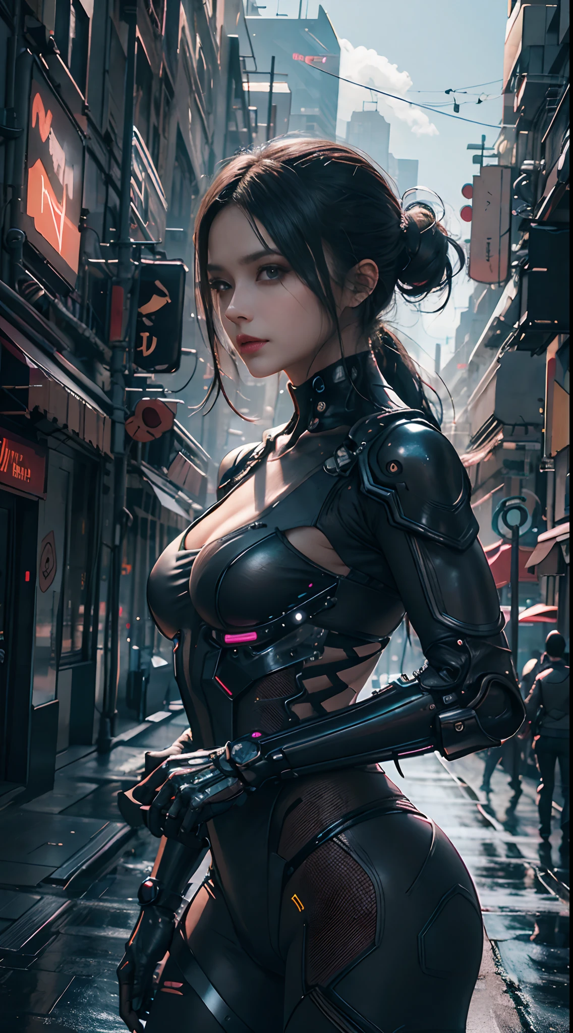A girl，Dress up sexy，Future techwear，mechanical prosthesiechanical skeleton，  evening， A cyberpunk city in ruins， Neon Billboard， Better image quality， Maximum clarity and clarity， ultrarealistic realism， high detail， AFoFuturismo，Contrast of light and shadow， Cinmatic Lighting， ray tracing， Luz reFlectante， cowboy lens， F/4.0