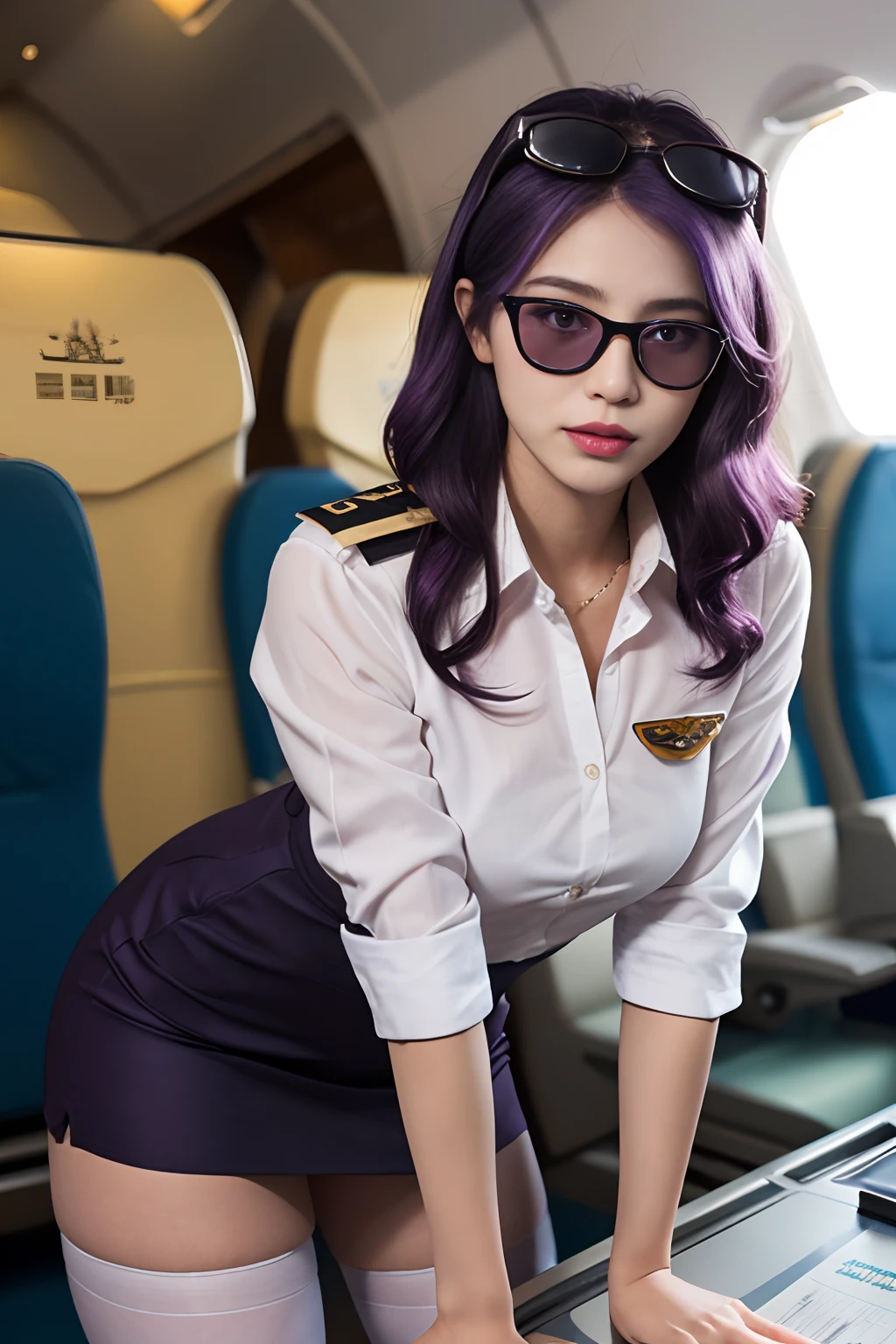 (最好的品質: 1.1), (實際的: 1.1), (攝影: 1.1), (高度細節: 1.1), (1位女士), 民航飛行員, 燕麦,白襯衫,短裙,黑色長襪,弯下腰,在飞机上,卡夫卡HKS,香港,紫色的眼睛, 紫色頭髮, 头上戴眼镜, 太陽眼鏡,