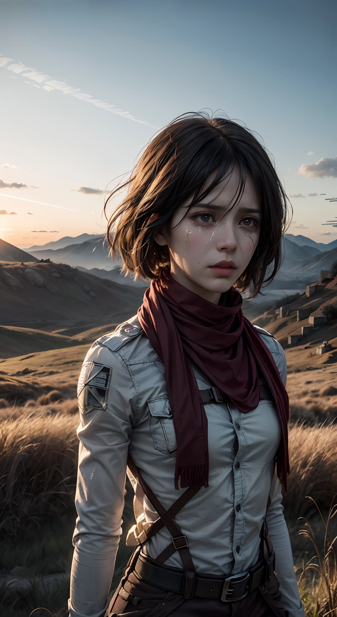 (masterpiece), (hyper realistic), Attack on Titan, half body shot, Mikasa Ackerman, Crying, sadness, Tears, A maroon scarf around his neck, Loneliness, Lost, dinamic lighting, Grassland background