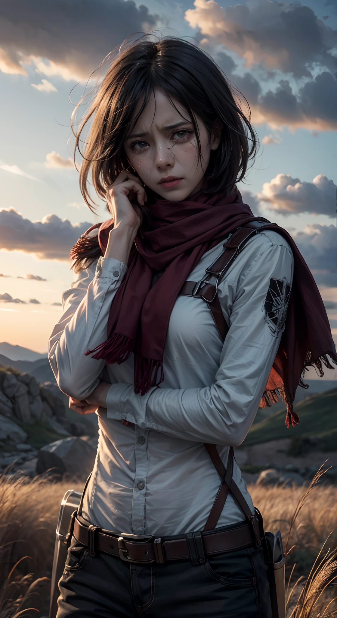 (masterpiece), (hyper realistic), Attack on Titan, half body shot, Mikasa Ackerman, Crying, sadness, Tears, A maroon scarf around his neck, Loneliness, Lost, dinamic lighting, Grassland background