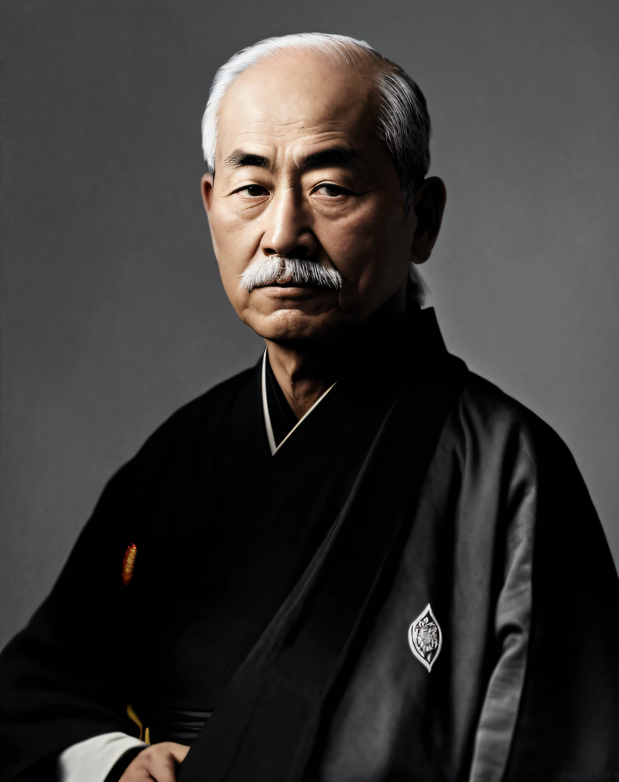 homem arafed em uma jaqueta preta com um bigode branco, Riichi Ueshiba, foto de retrato samurai, Retrato frontal do samurai, inspired by Okamoto Tarō, Retrato de um samurai, Ueshiba Riichi, inspired by Kanō Sanraku, inspired by Kōshirō Onchi, Retrato Samurai