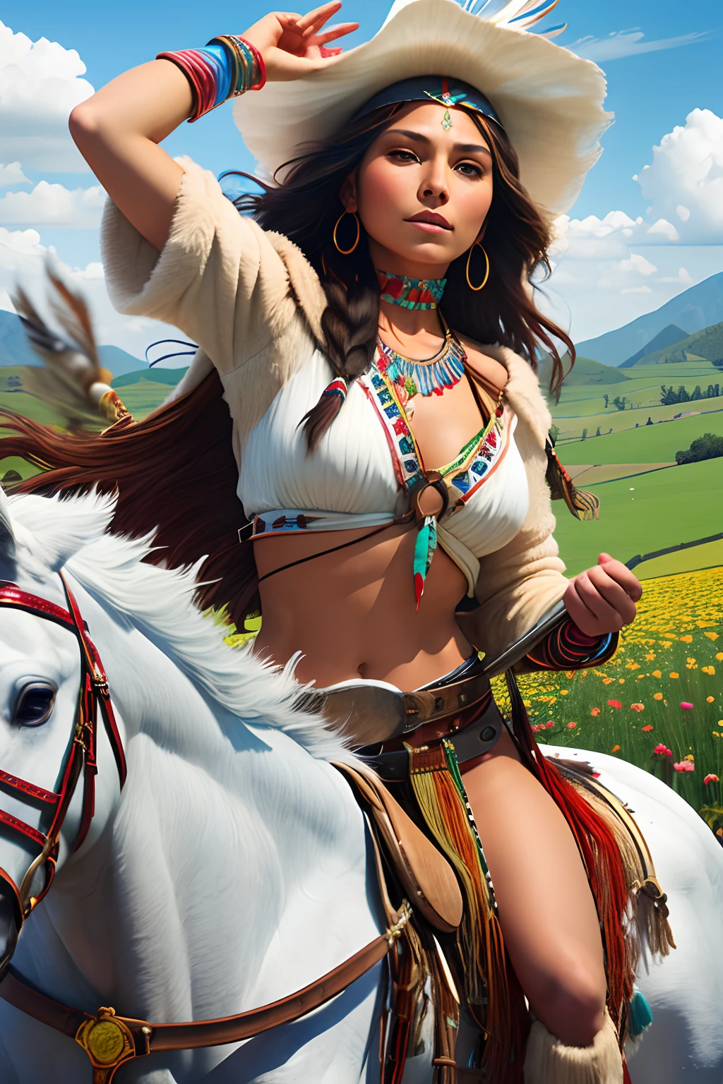 1girl,  in native dress riding a white horse in a field, riding horse, native american, warrior woman, : native american shamen fantasy, western cowgirl,wearing a native american choker, cowgirl, a beautiful woman warrior, human torso on a horse body