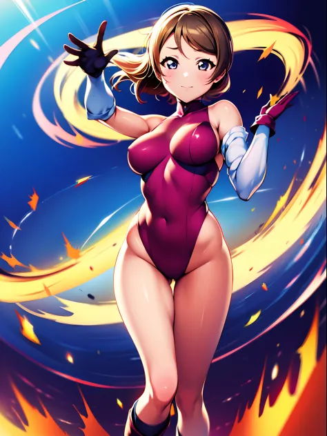 watanabe you, 1girl, leotard, spinning, time travel, super power, superhero, tornado, super tornado, whirlwind, twirling, super speed, bare legs, anime, super spin, standing, detailed, boots, gloves, rapid gyration