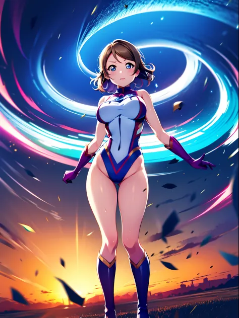 watanabe you, 1girl, leotard, spinning, time travel, super power, superhero, tornado, super tornado, whirlwind, twirling, super speed, bare legs, anime, super spin, standing, detailed, boots, gloves, rapid gyration