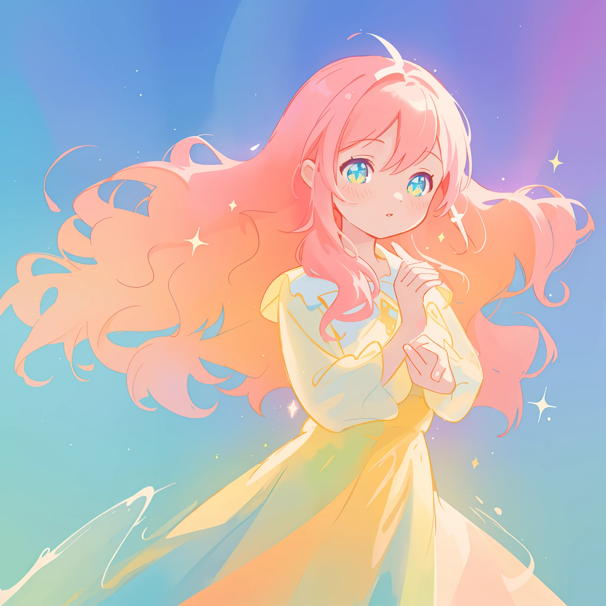 beautiful girl in colorful ballgown, long wavy peach pink hair, vibrant pastel colors, (colorful), colorful watercolor background, ethereal, magical lights, sparkling liquid light, inspired by Glen Keane, inspired by Lois van Baarle, disney art style, by Lois van Baarle, glowing aura around her, by Glen Keane, jen bartel, glowing lights! digital painting, flowing glowing hair, glowing flowing hair, beautiful digital illustration, fantasia background, whimsical, magical, fantasy, beautiful face, ((masterpiece, best quality)), intricate details, highly detailed, sharp focus, 8k resolution, sparkling detailed eyes, liquid watercolor