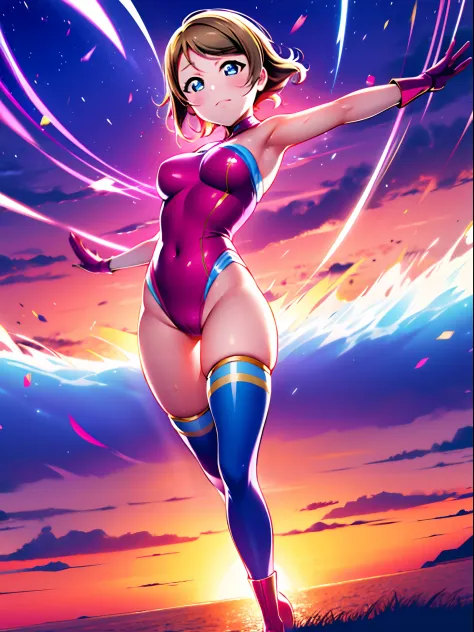 watanabe you, 1girl, leotard, spinning, time travel, super power, superhero, tornado, super tornado, whirlwind, twirling, super speed, bare legs, anime, super spin, standing, detailed, boots, gloves, rapid gyration, spread arms