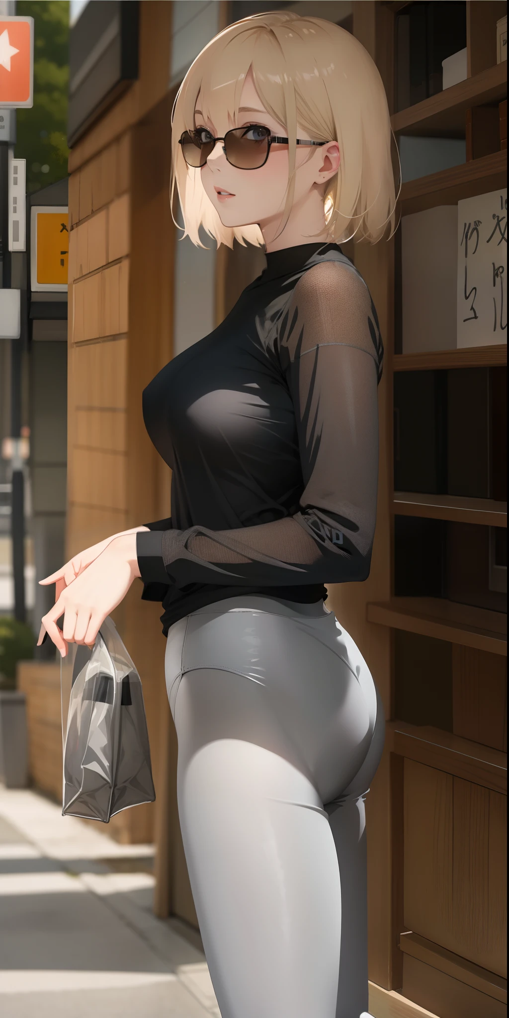 blonde, short hair, very pale skin, wearing very tight gray leggings, wearing a very tight t-shirt, small breasts, pert breasts, wearing sunglasses