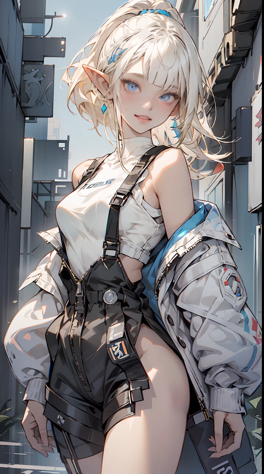 (1 girl), (beauty elf), Ordinary worker, big breasts, perfect body, overalls, light smile, fresh, messy, (asymmetrical bangs:1.3), ponytail hair, highly detailed face and eyes, Perfect lips, (white blonde hair, Deep Blue Eyes:1.2), cyberpunk, sci-fi, tech wear, character portrait, bare shoulders, intricate, Dawn, morning, sunlight,  Bright clouds, digital art, Aesthetic, cinematic Lightning, by Yusuke Murata.