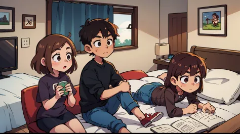 1 brown haired male , 1 brown haired female, wearing black clothes, in bedroom, sitting down