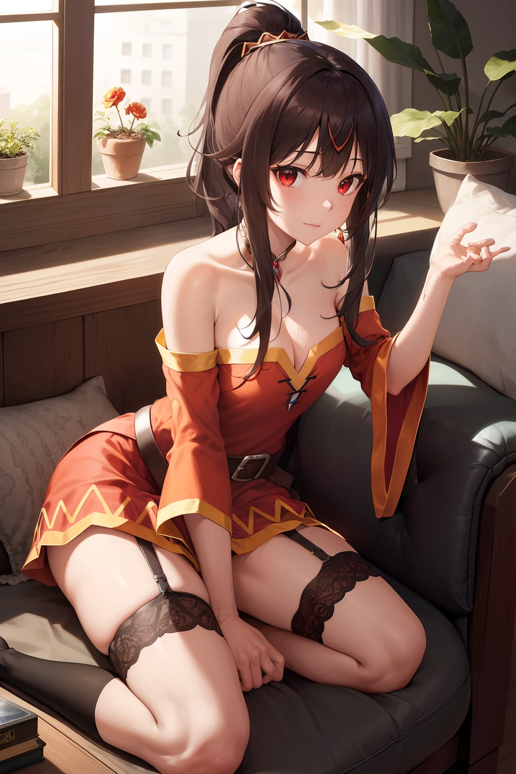 Anime girl sitting on a couch with a book in her hand - SeaArt AI